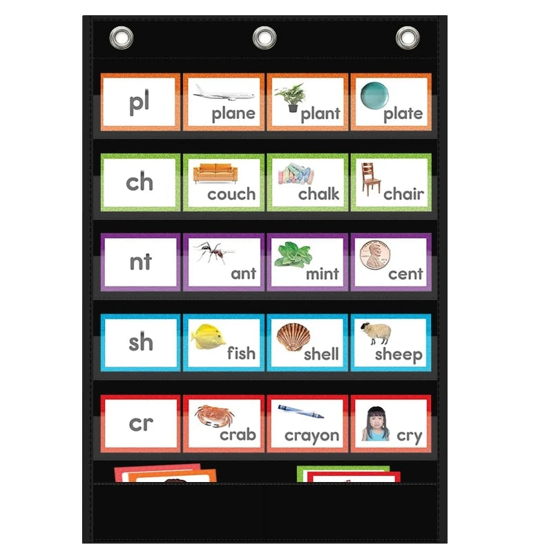 Classroom Black Standard Pocket Chart Words Chart with Extra Storage Pocket for Sentence Strips School Home Office Use