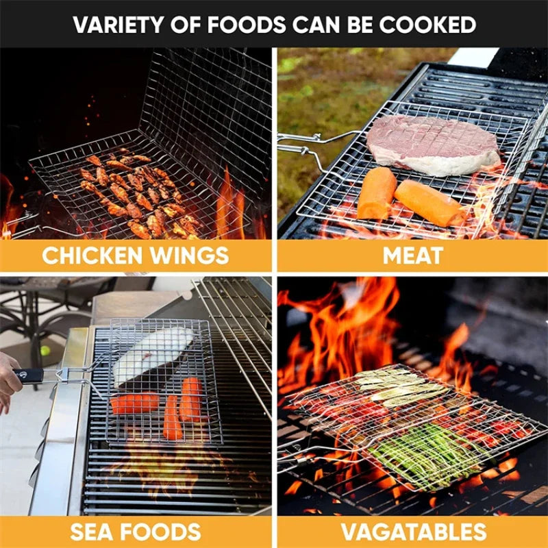 Foldable BBQ Basket Kamado Bbq Accessories Portable Dog Sling Water Gun Stainless Steel Removable Handle Steak Grill Barbecue