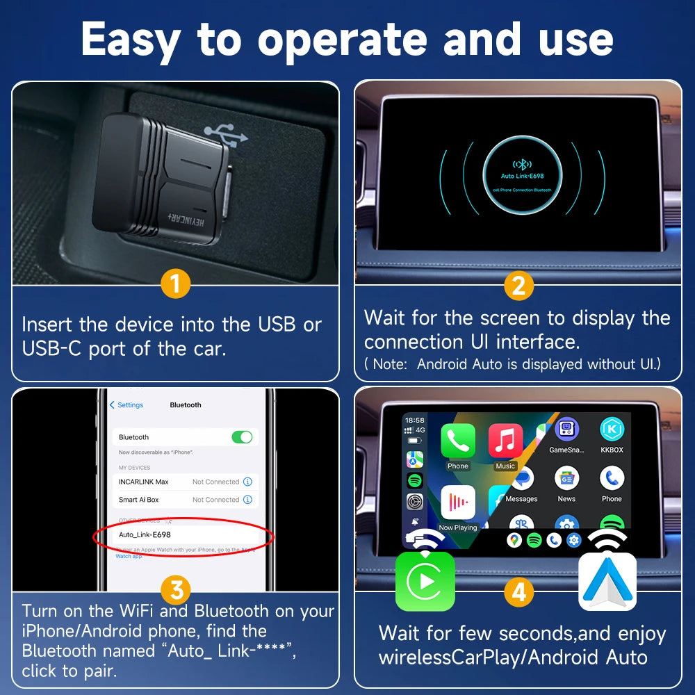 2025 HEYINCAR 2In1 Wireless Android Auto Adapter Carplay Smart Dongle Plug and Play for Kia Volvo Audi MG Opel VW Hyundai Jeep