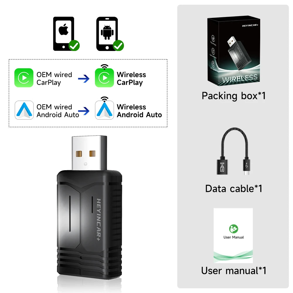 2025 HEYINCAR 2In1 Wireless Android Auto Adapter Carplay Smart Dongle Plug and Play for Kia Volvo Audi MG Opel VW Hyundai Jeep