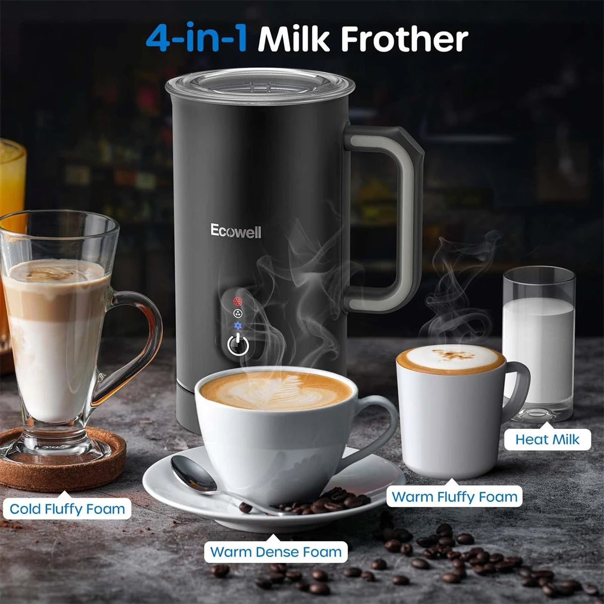 ECOWELL Milk Frother, Frother for Coffee 4 in 1, Milk Steamer Warm and Cold Foam Frother, Milk Steamer and Frother for Latte, Macchiato, Cappuccinos Silent Working 8.1Oz/240 Ml WMMF01 Black