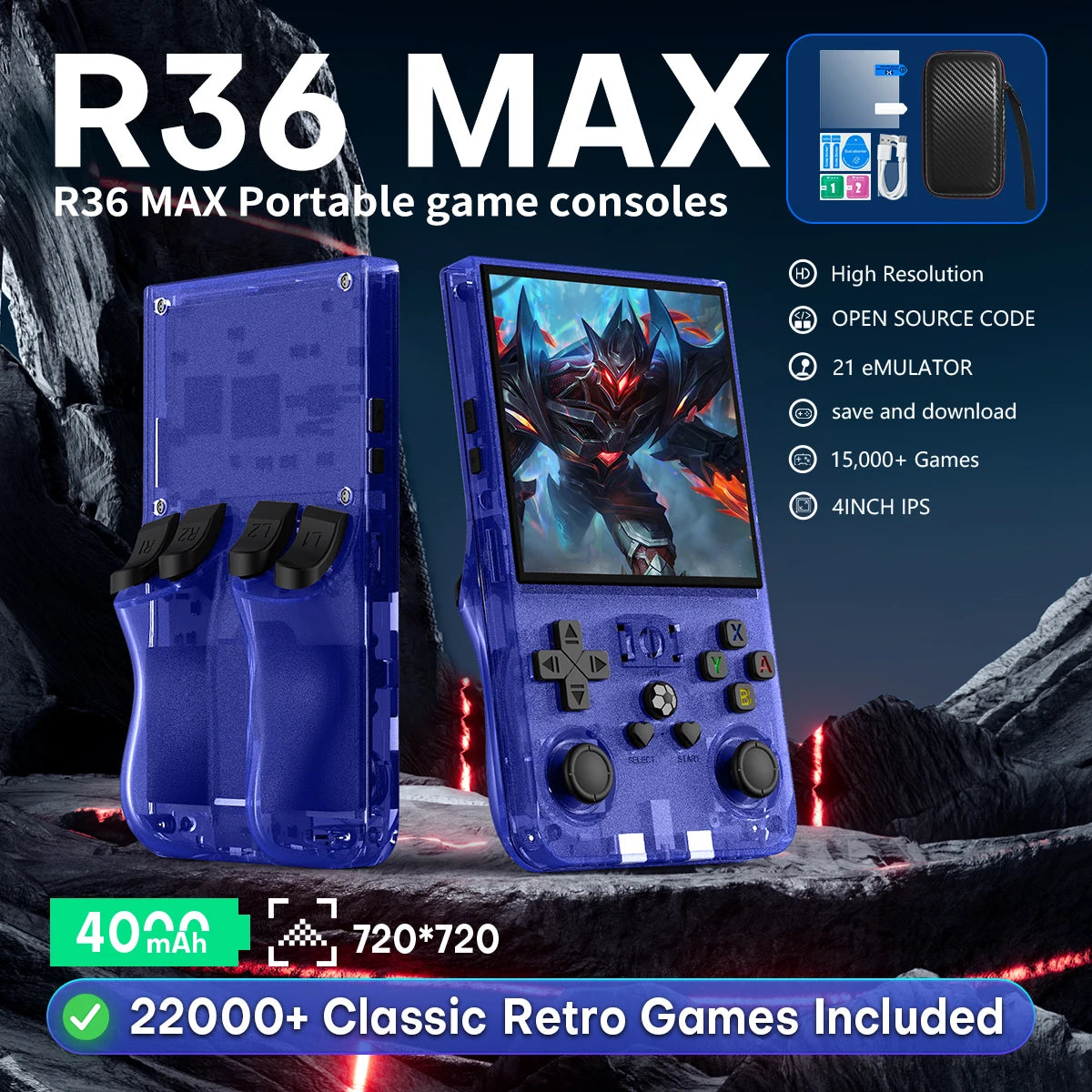 R36MAX Retro Handheld Console - 64/128GB Lag-Free Emulation 18000+ Games 4.0" IPS Screen Ergonomic Contour Grips
