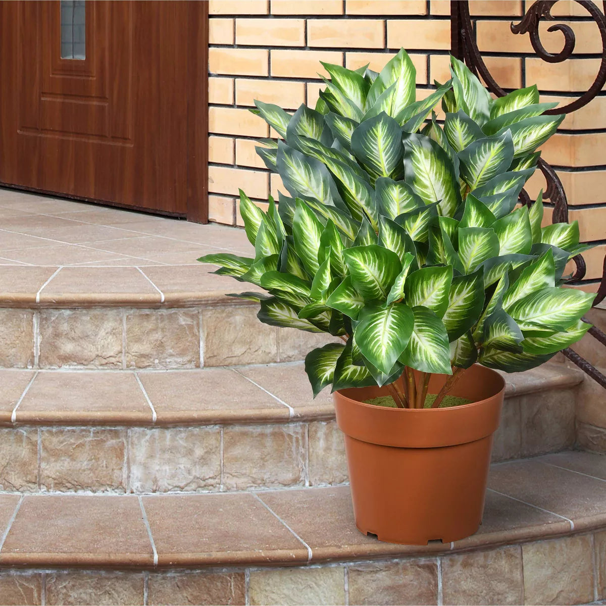 24-Inch Hosta Plant - Indoor/Outdoor Artificial Greenery in Brown Pot, Made of Polyethylene