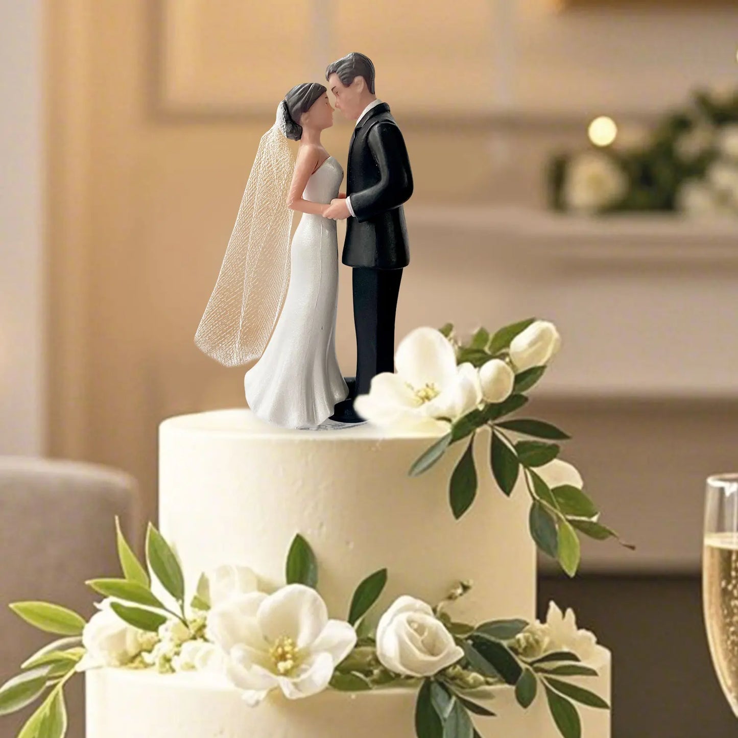 Elegant Bride & Groom Wedding Cake Topper with Veil 4.3" - Anniversary, Bridal Shower, Engagement Party Decoration