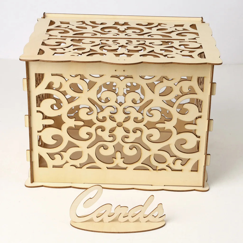 DIY Wedding Card Box Wooden Couple Money Boxes with Lock Hollow Floral Pattern Wedding Decor Gift Envelope Birthday Supplies