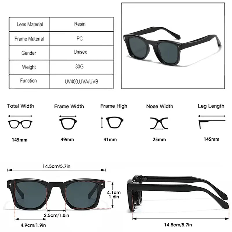 Retro Rivets Square Sunglasses Women Fashion Gradient Shades UV400 Men Green Black Sun Glasses