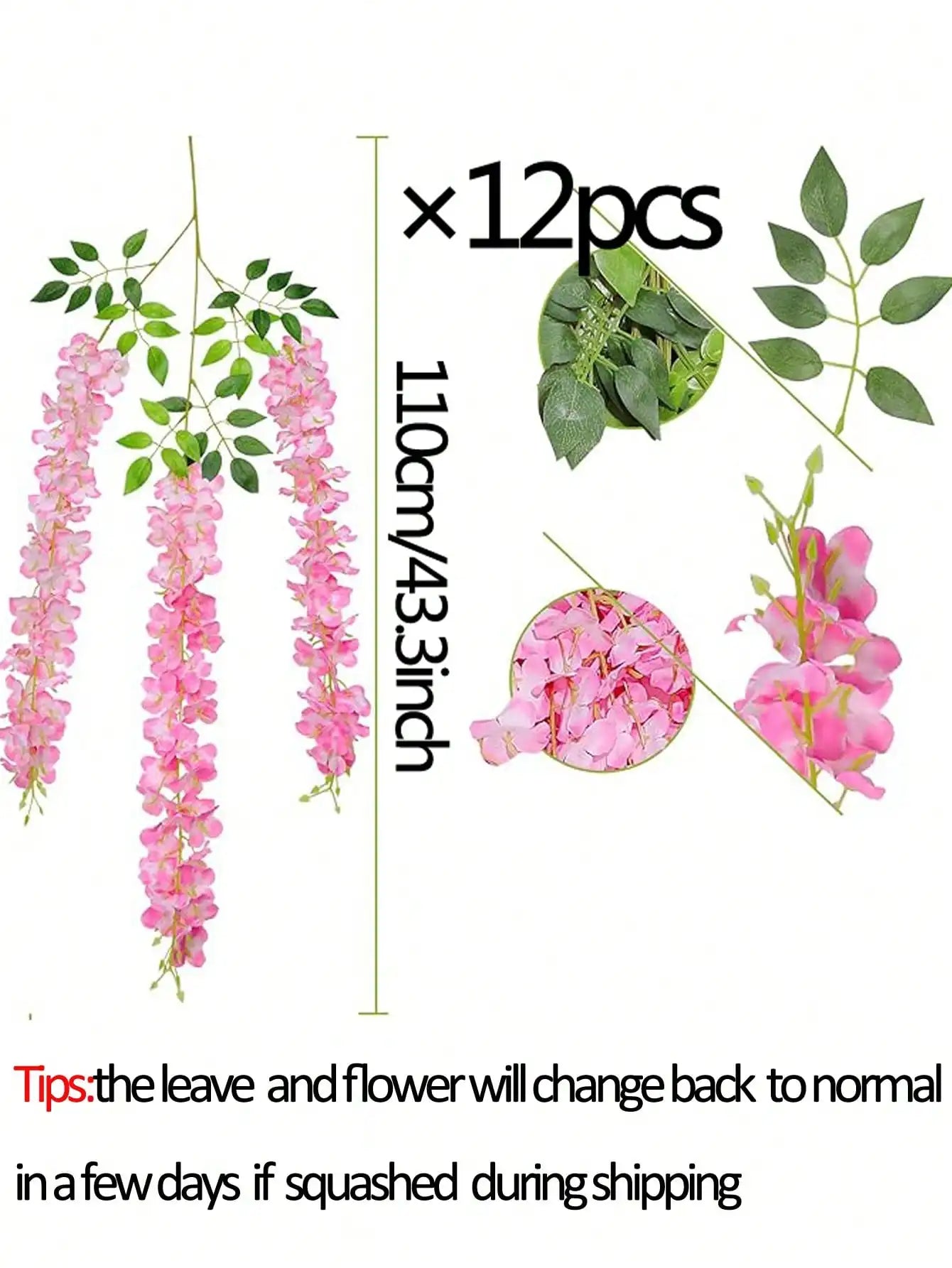 12Pcs Wisteria Artificial Fake Flower Bushy Vine Ratta Hanging Garland for Wedding Home Wall Decor Pink