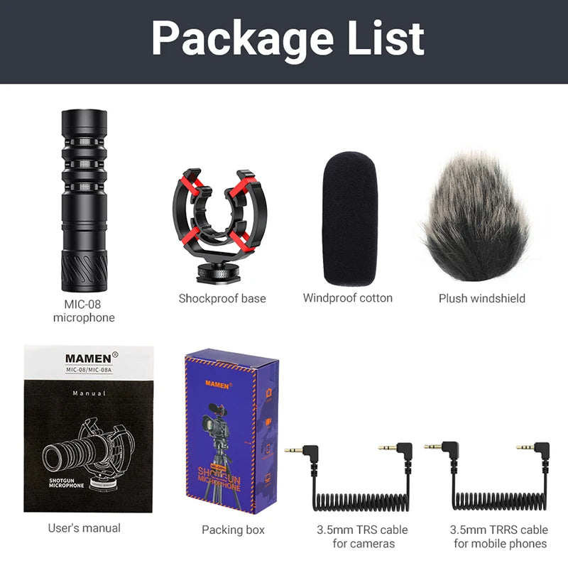 Aluminum Alloy Professional Recording Microphone with Spring Cable Plug and Play for Canon Nikon DSLR Camera Smartphone