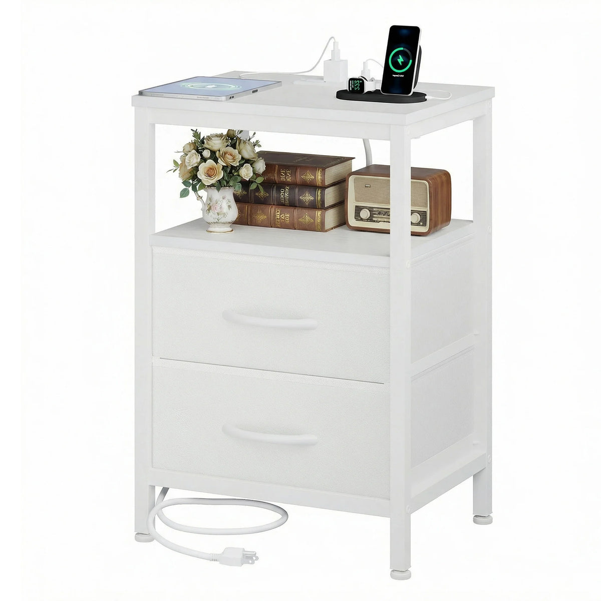 JHK 2-Drawer Fabric Nightstand with Open Shelf and USB Charging Station - Versatile Storage End Table for Living Room