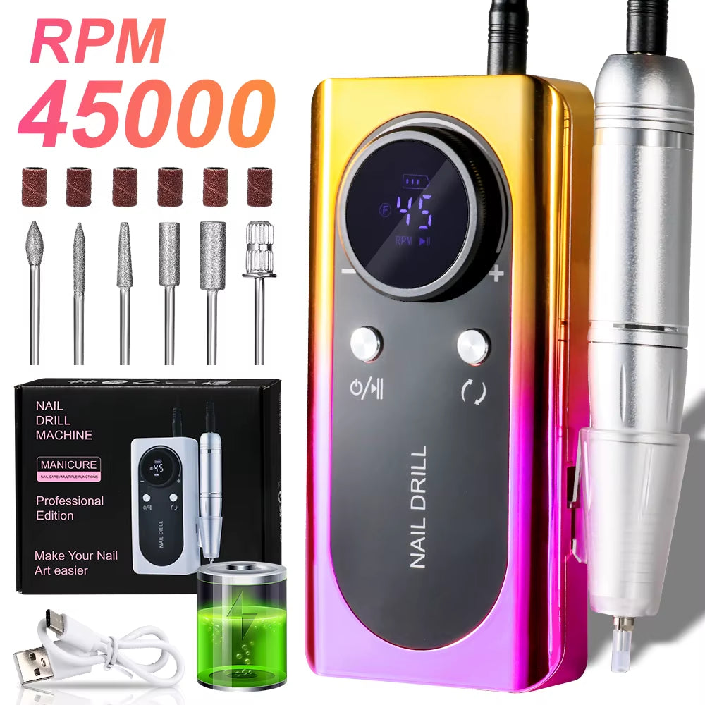 45000RPM Electric Nail Drill File Rechargeable Electric Nail Polishing Machine for Acrylic Gel Dip Powder Manicure Pedicure Tool