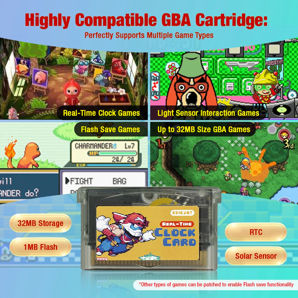 Rewritable GBA Flash Cart - 32MB Storage, 1Mb Flash, Solar + RTC Functionality, Compatible with GBA/DS Series