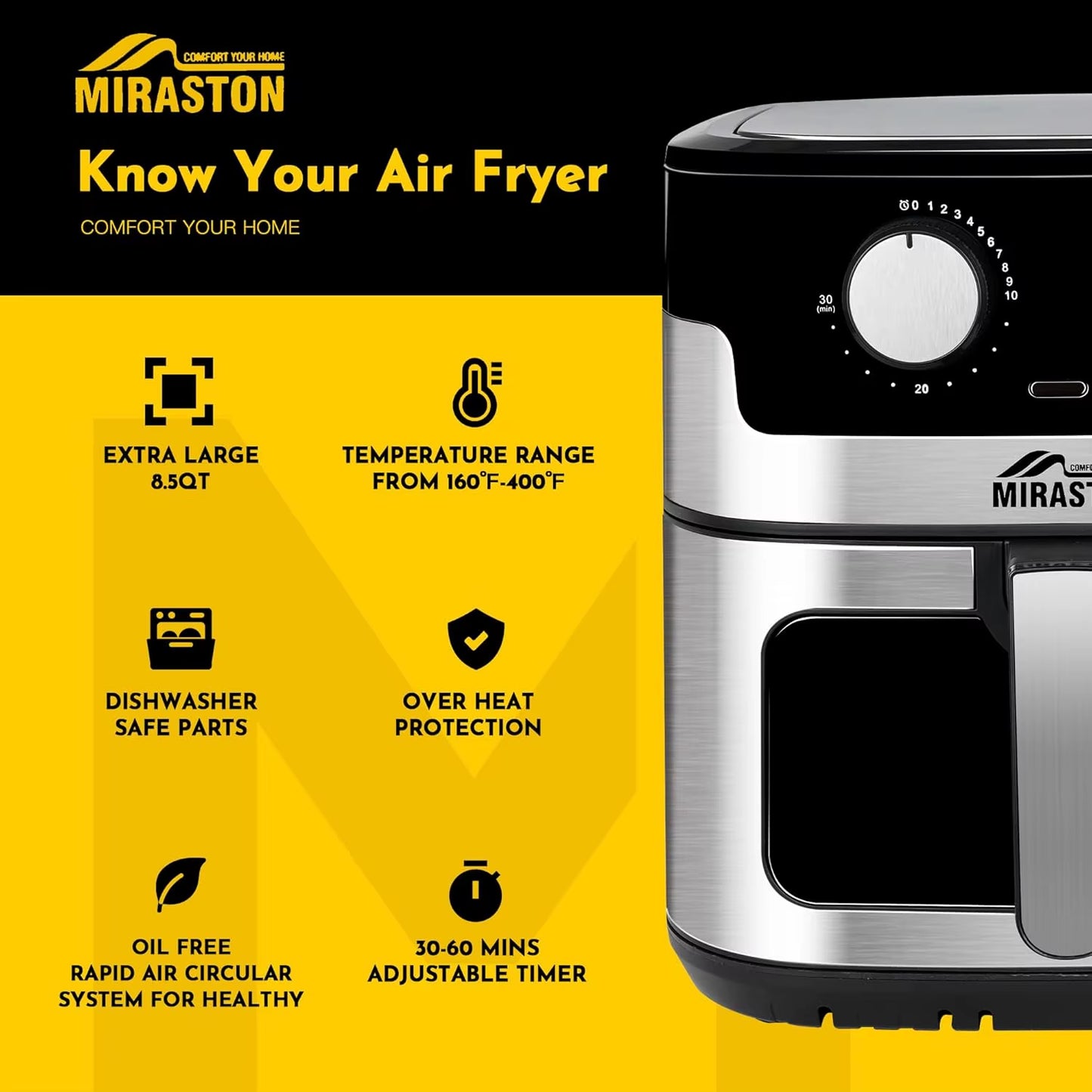 8.5QT Air Fryer, Upgraded Family Size Capacity, Visual Window, Square Basket Dials Stainless Steel Air Fryers, Reheat Leftovers,