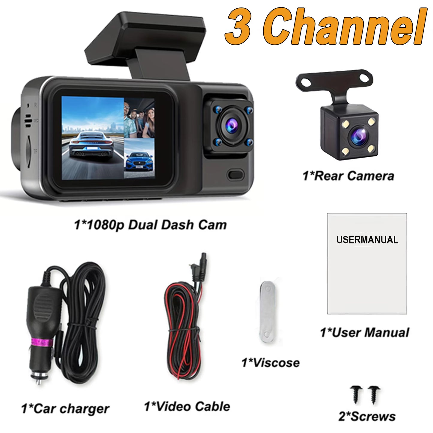 3 Channel Dash Cam for Cars Camera Black Box 3Ch/2Ch 1080P Video Recorder Rear View Camera for Vehicle Car DVR Car Accessories
