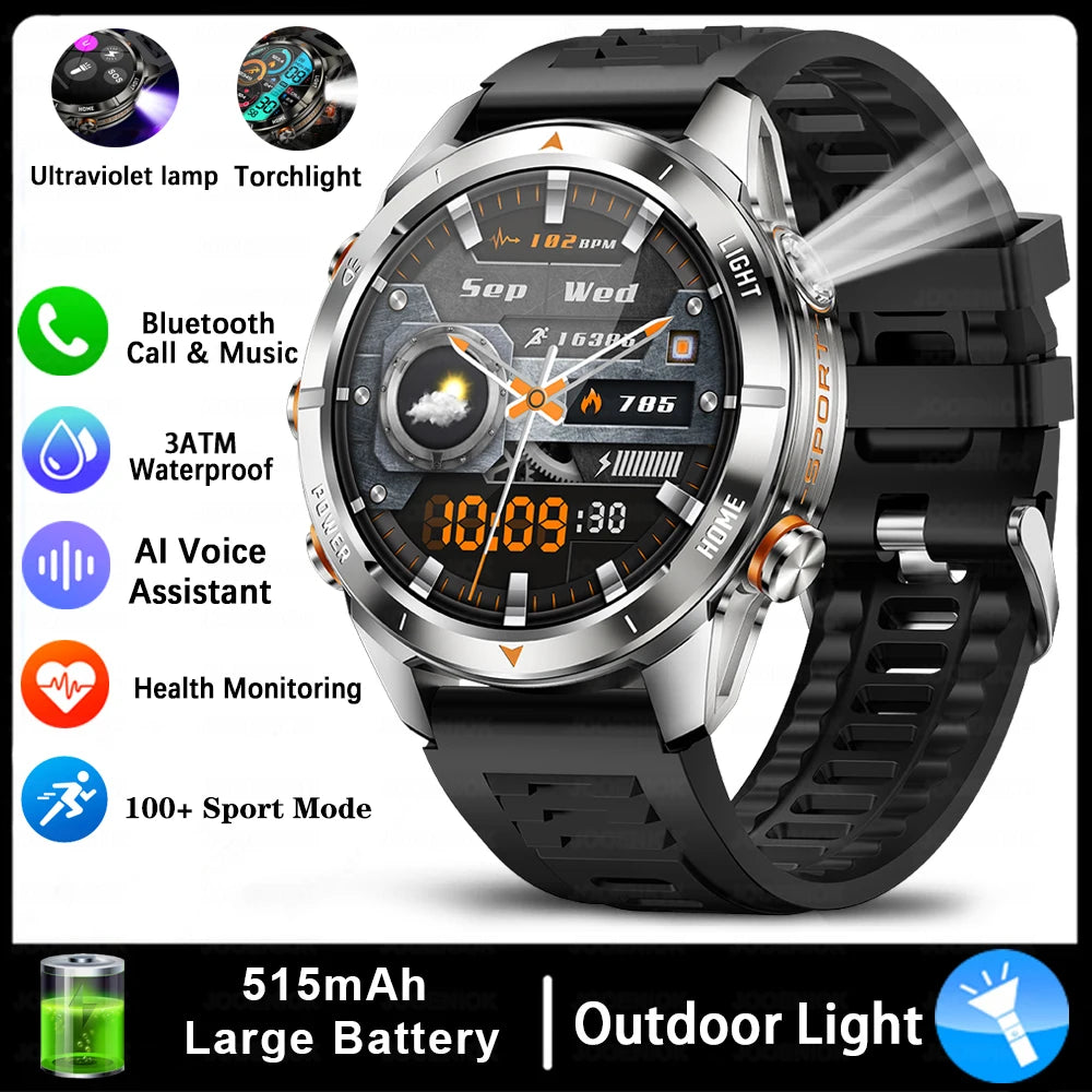 New Outdoor Sport Smart Watch Men 1.46" AMOLED Screen LED Flashlight 515Mah Battery 10ATM Waterproof Bluetooth Call Smartwatch