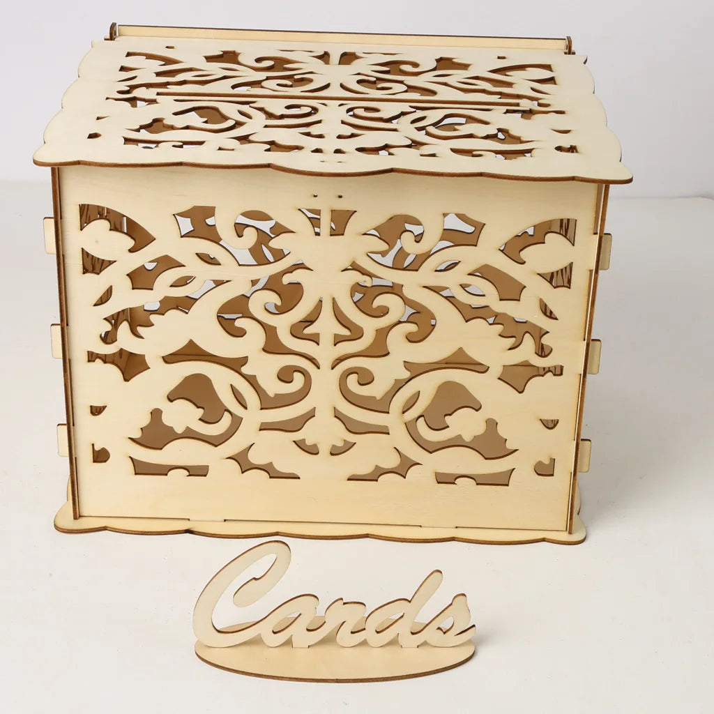 DIY Wedding Card Box Wooden Couple Money Boxes with Lock Hollow Floral Pattern Wedding Decor Gift Envelope Birthday Supplies