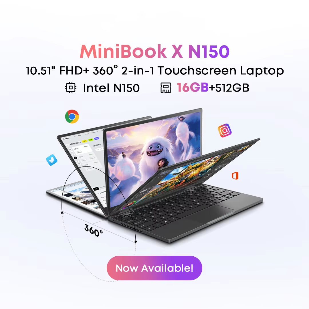 CHUWI Minibook X 2 in 1 Laptop Intel N150(Up to 3.6Ghz) 512GB ROM 16GB LPDDR5 10.51" 1200X1920 FHD IPS Windows 11 Notebook