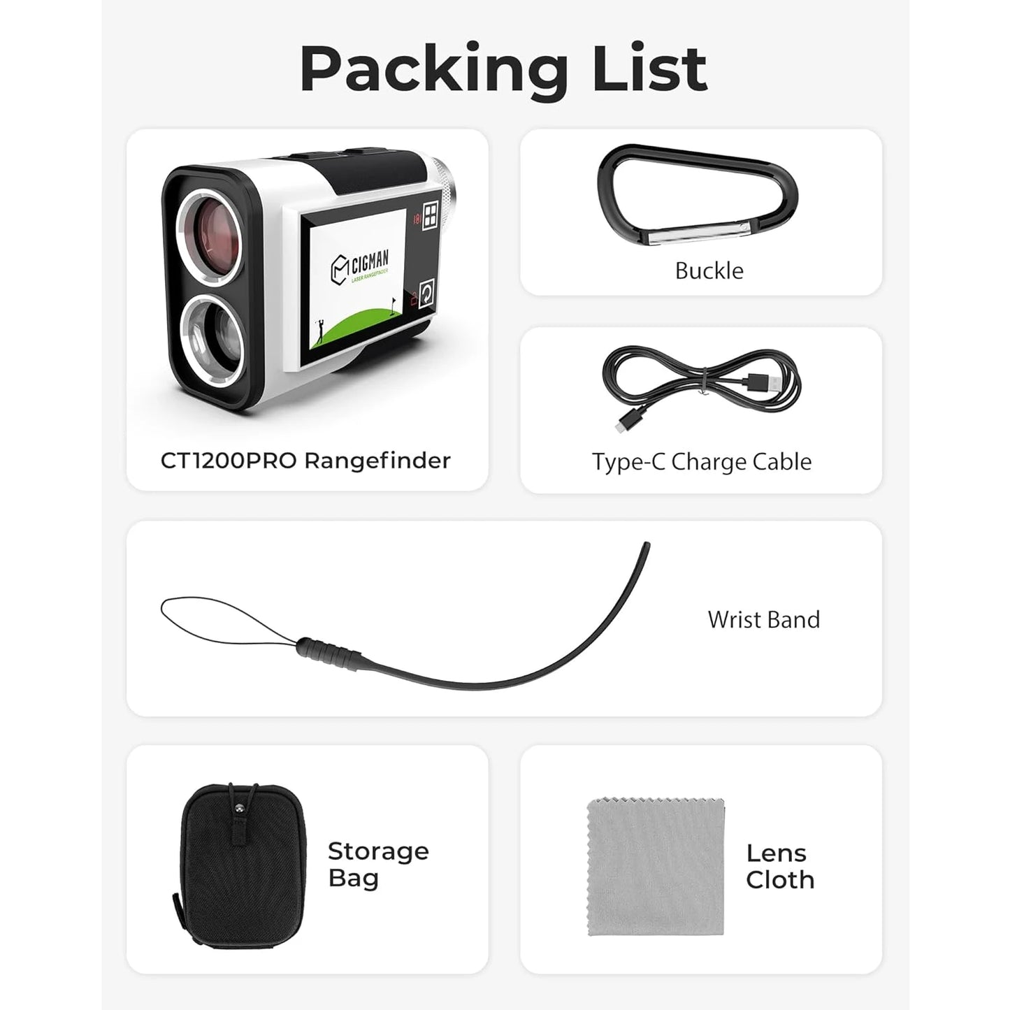 CIGMAN Golf Rangefinder 1312 Yards Slope Compensation 2.4 Inch Touchscreen 6X Magnification Flag Lock Vibration Rechargeable USB-C Golf Accessories IP54 Water Resistant