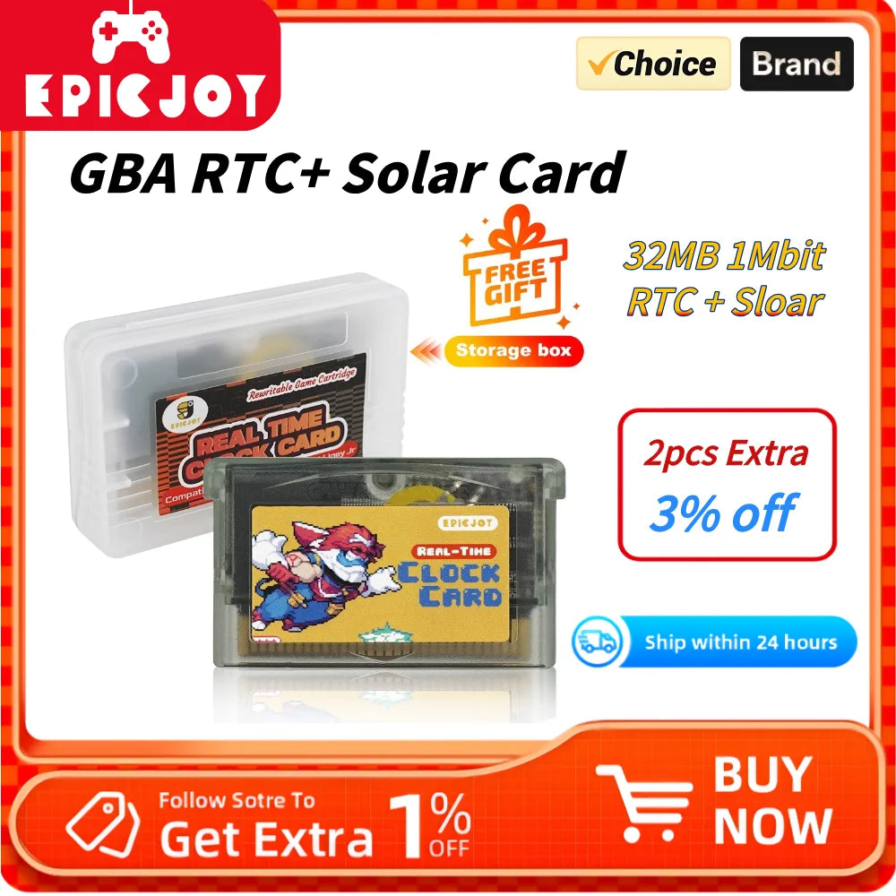 Rewritable GBA Flash Cart - 32MB Storage, 1Mb Flash, Solar + RTC Functionality, Compatible with GBA/DS Series