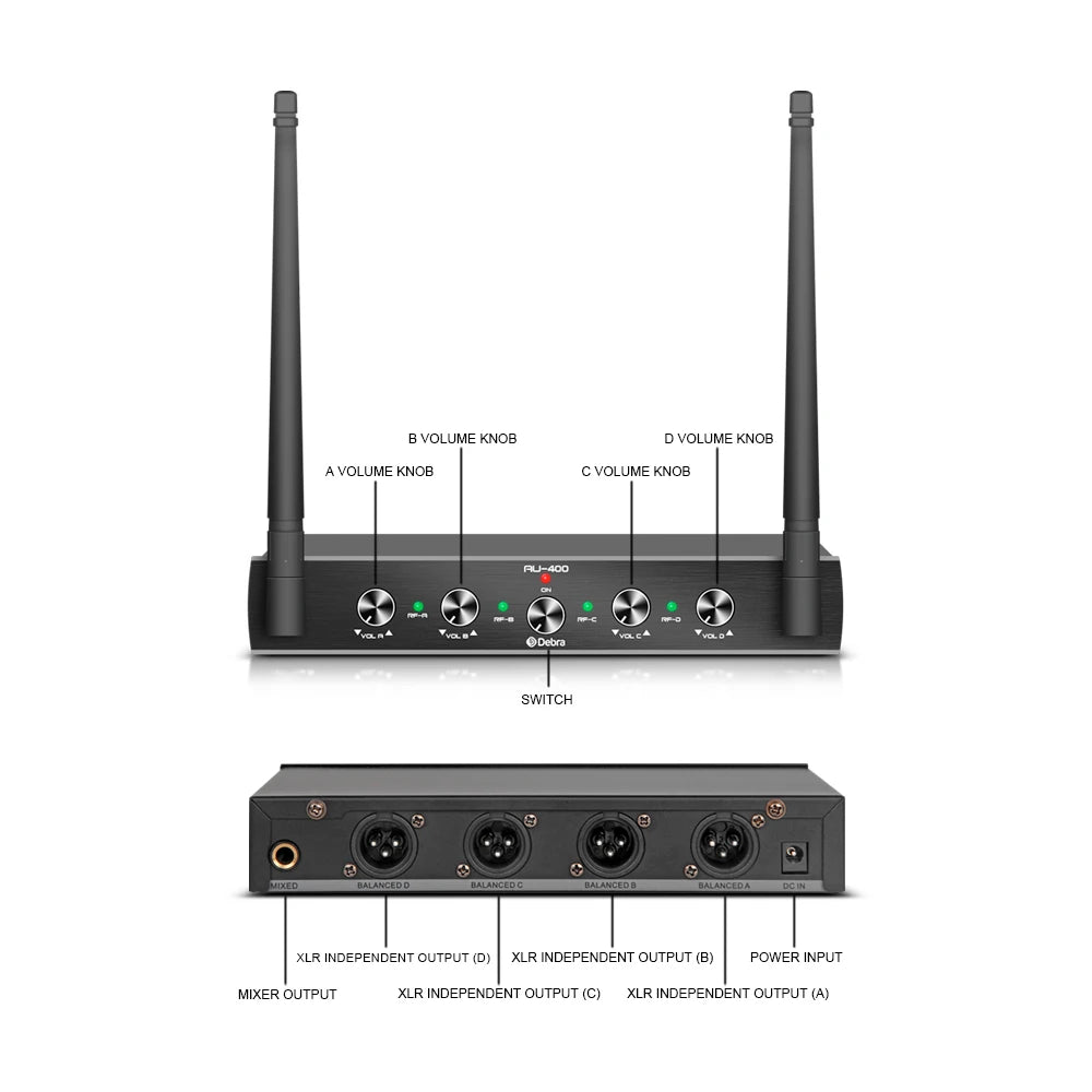 Pro UHF 4 Channels Wireless Microphone System with 4 Bodypack Lavalier Headset Portable Mic for Karaoke Church Party