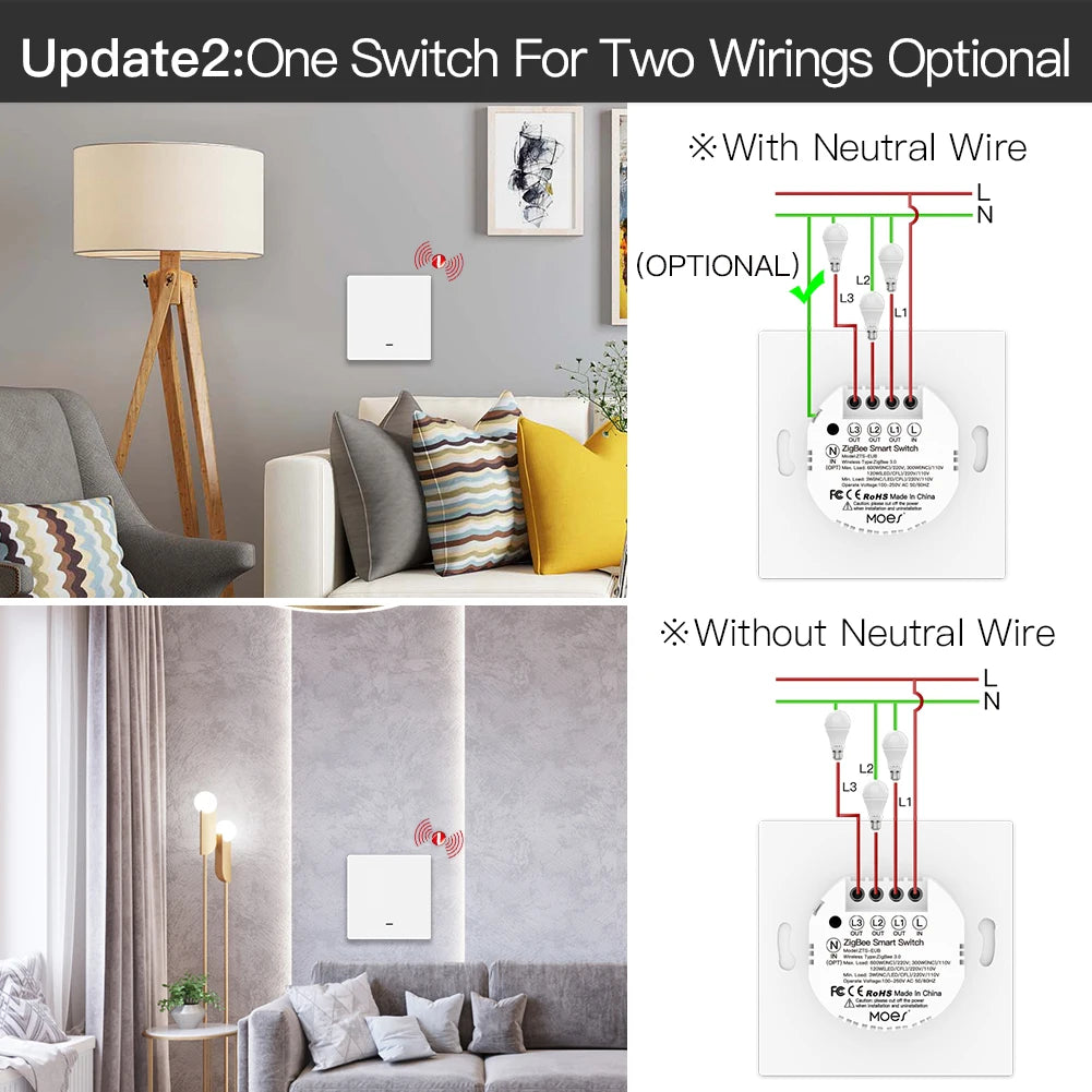 Smart Light Switch No Neutral Wire No Capacitor Needed Smart Life 2/3 Way Works with Alexa Google Home 2Mqtt