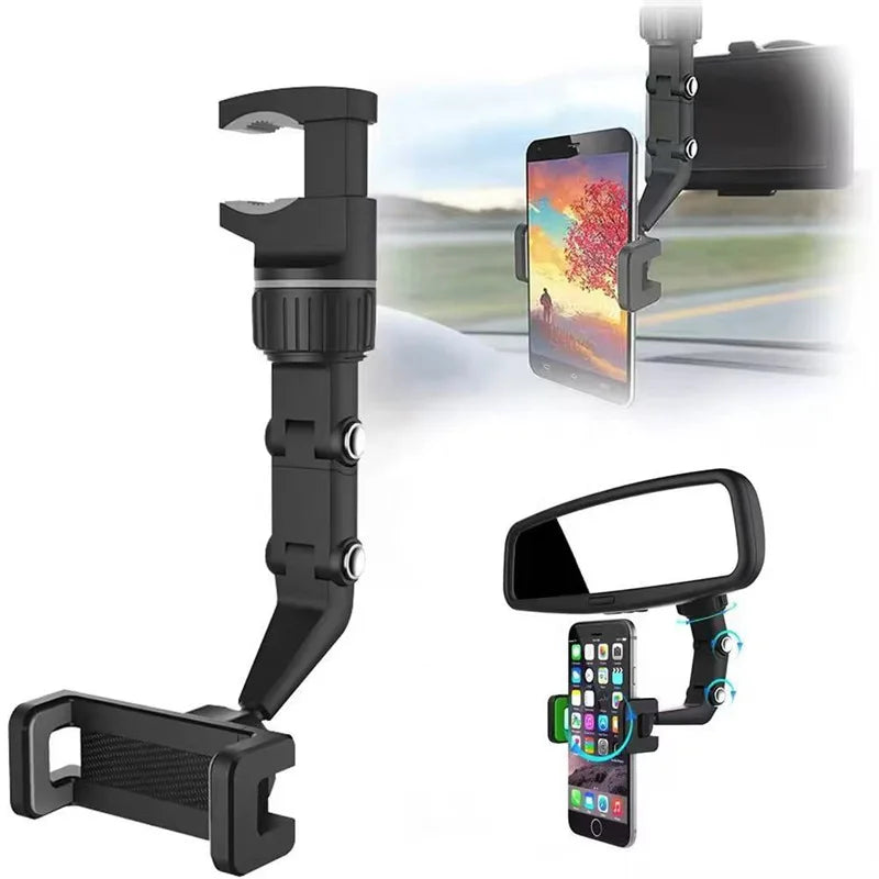 360° Rotatable and Retractable Multifunctional Car Phone Mount for Rearview Mirror