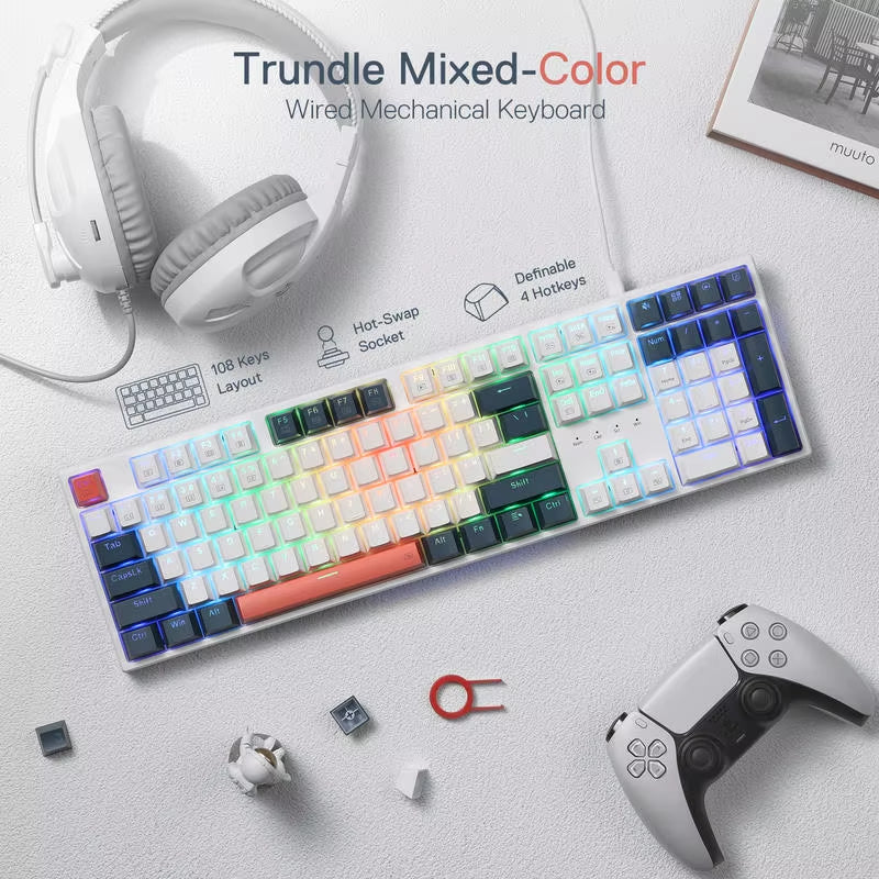 K668 RGB Gaming Keyboard, 108 Keys Wired Mechanical Keyboard W/Extra 4 Hotkeys Upgraded Hot-Swappable Socket,Red Switch
