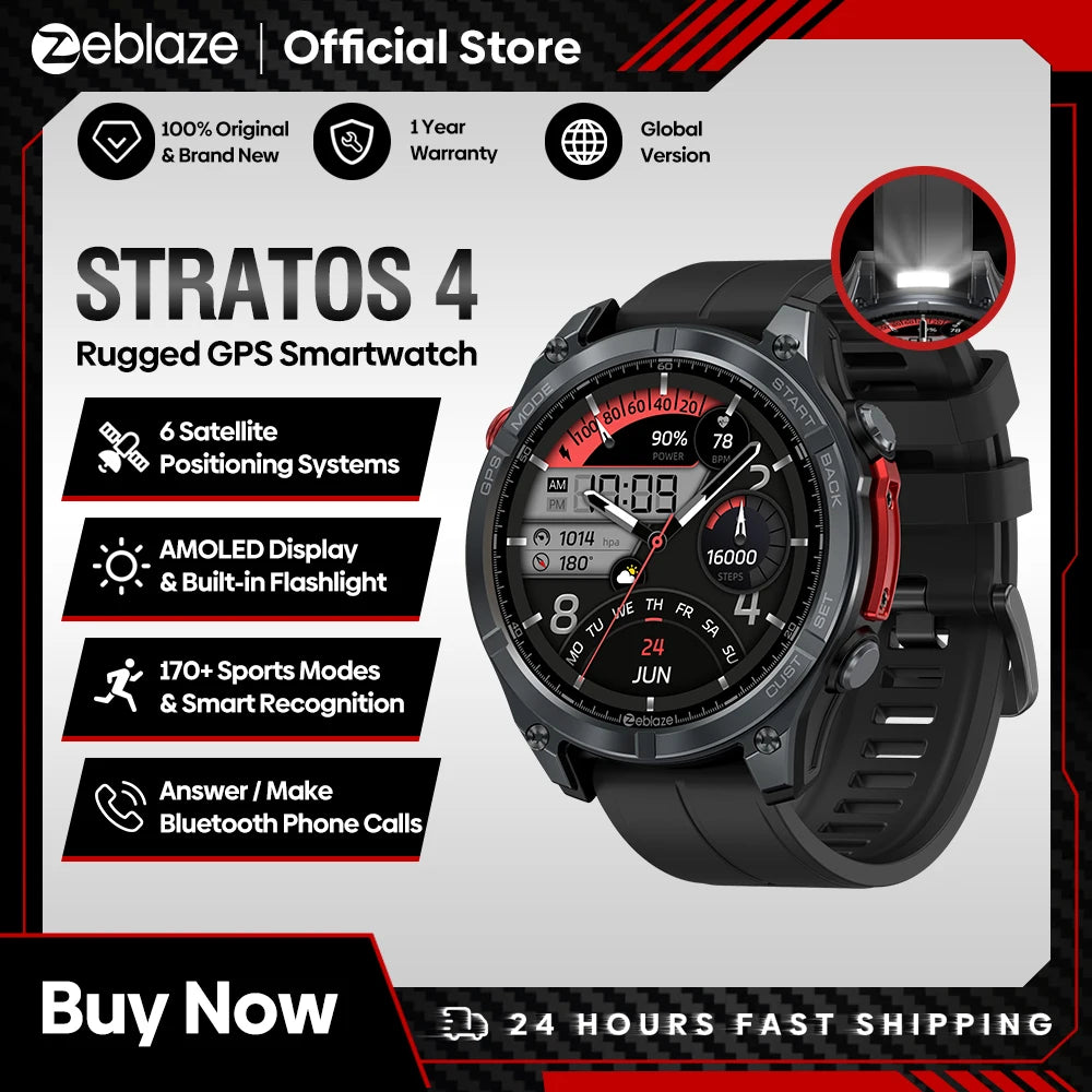 NEW Stratos 4 GPS Smart Watch 1.43 AMOLED Display Built-In Compass Barometric Altimeter Flashlight Voice Call Smartwatch