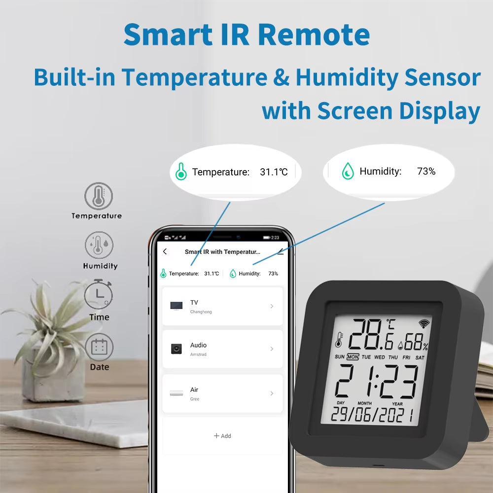 Smart Universal IR Remote with Temperature Humidity Sensor for Air Conditioner TV AC Works with Alexa Google Home Yandex