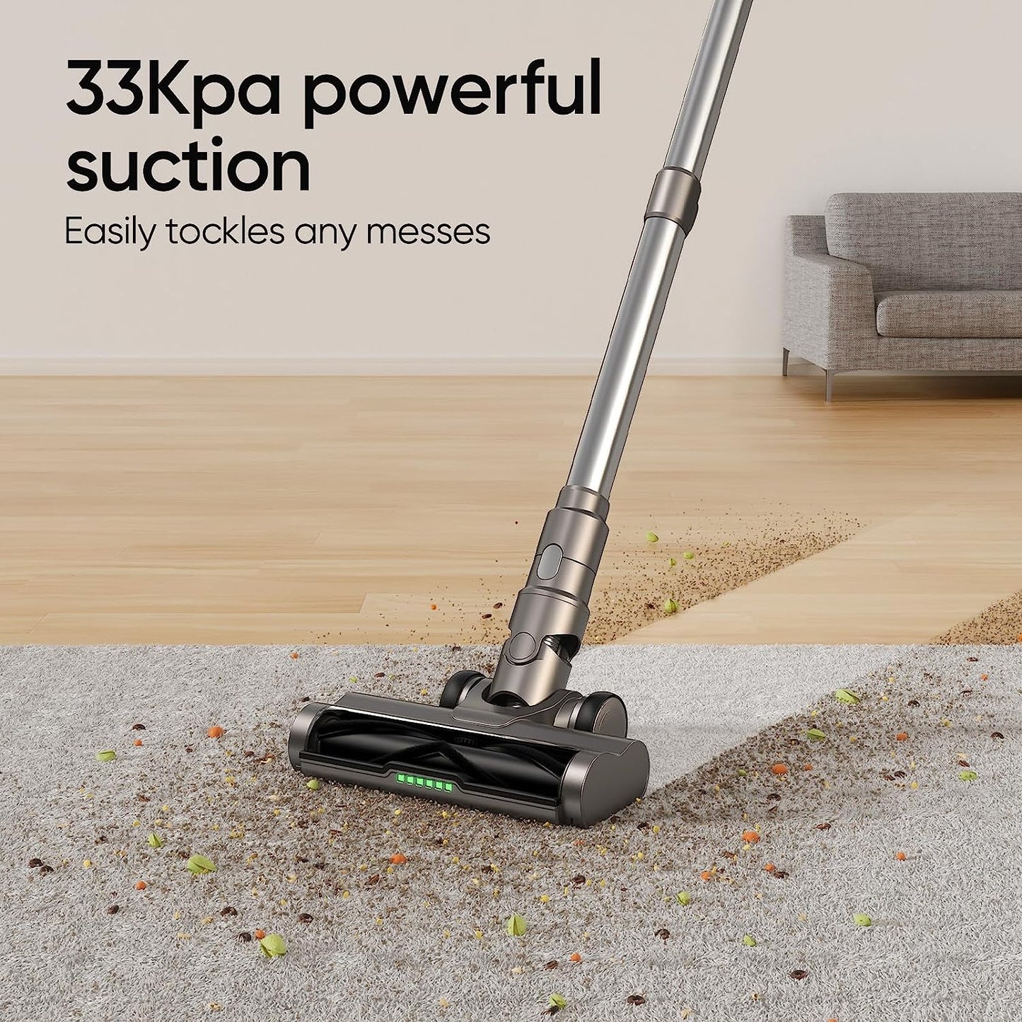 Cordless Vacuum Cleaner, Lightweight Stick Vacuum 33Kpa Powerful Suction Rechargeable Handheld for Home Pet Hair Hard Floor Carpet, Large Digital Display, Charging Moun