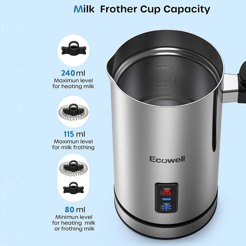 Milk Frother, Coffee Frother Electric, Automatic Hot and Cold Foam Frother, Stainless Steel Milk Steamer and Frother for Latte, Macchiato, Cappuccinos 8.1Oz/240 Ml Silver, WMMF02
