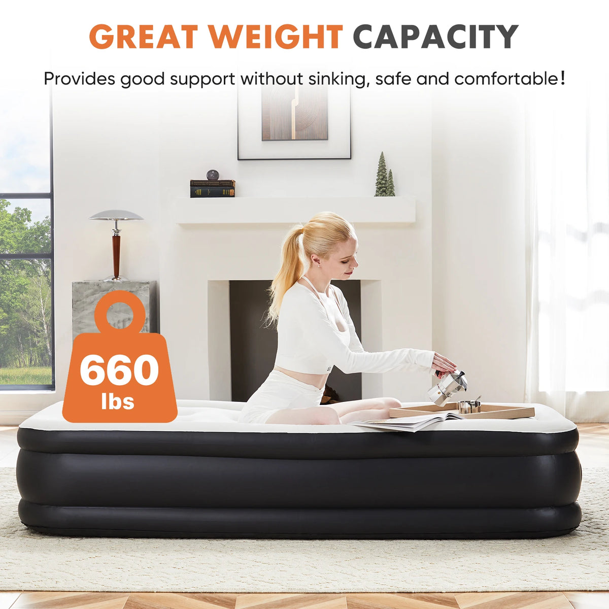 JHK Queen Twin Size Double Height Air Mattress with Non-Slip Bottom - 660 lbs Weight Capacity for Home or Camping Use