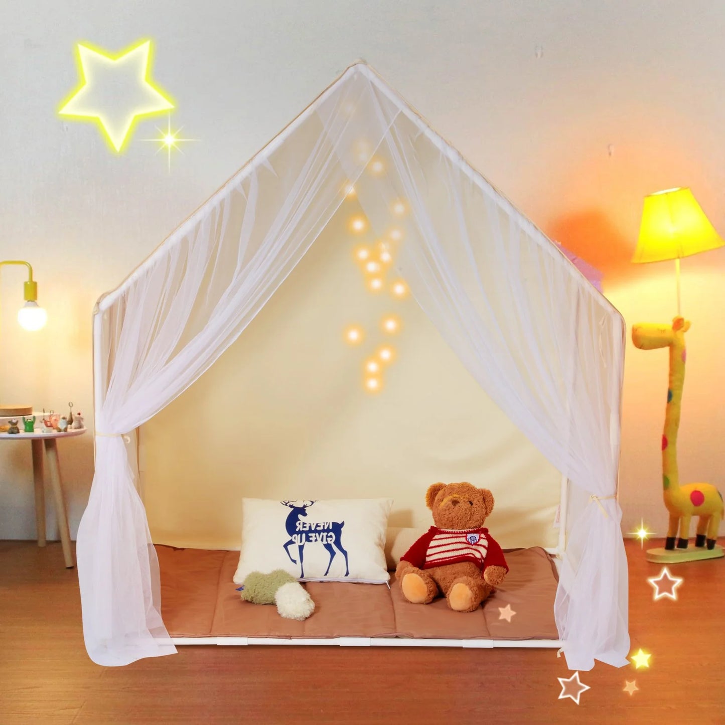 Kids Play Tent, Kids Tent for Kids 1-5 Years Old, Toddler Tent with Mat and Tent Lamp, Beige