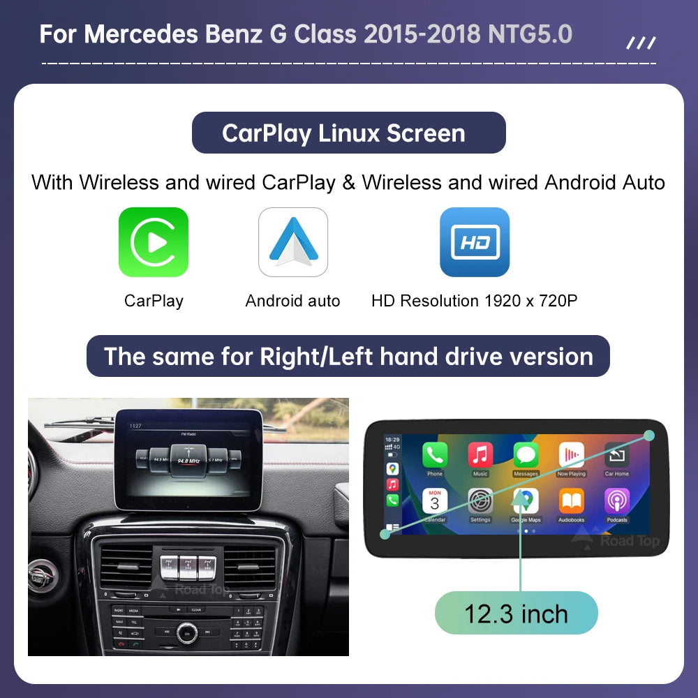 Linux Touchscreen GPS System for Mercedes Benz G-Class W463 (2013-2018) with Wireless CarPlay, Android Auto, and AirPlay Mirroring