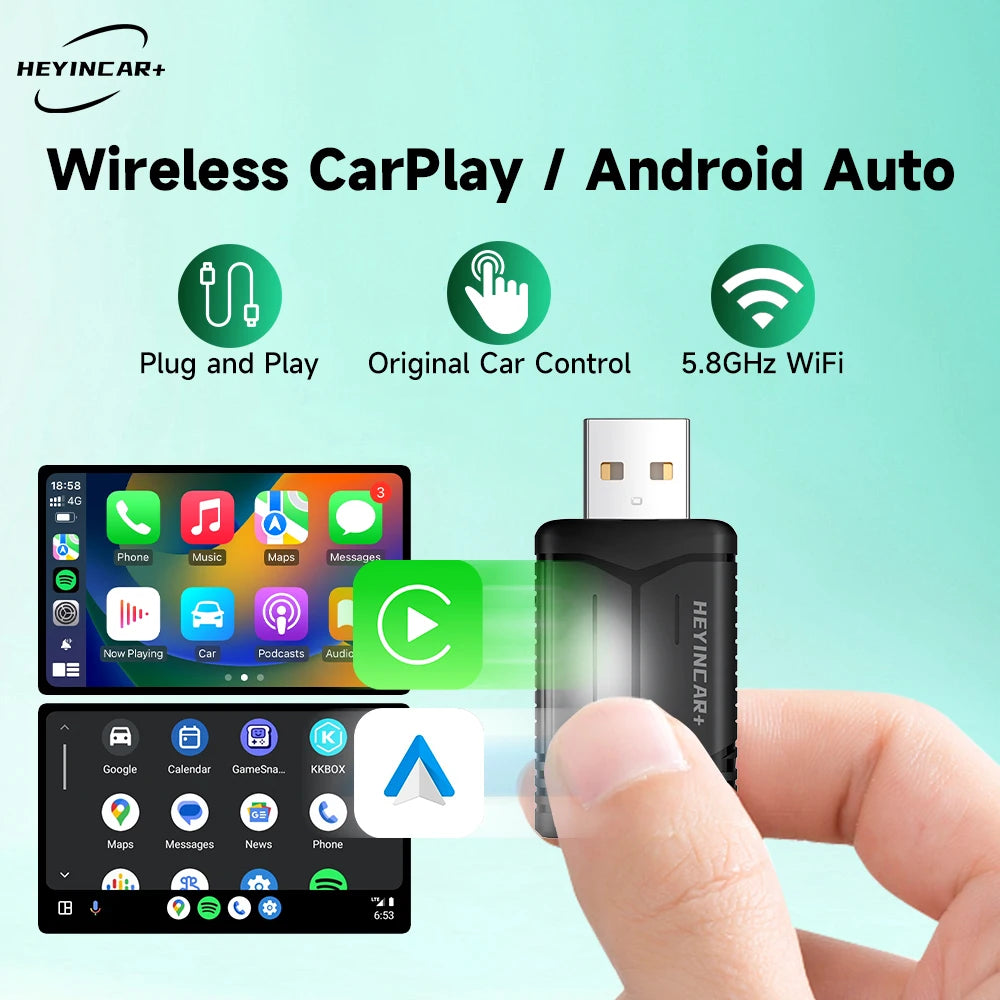 2025 HEYINCAR 2In1 Wireless Android Auto Adapter Carplay Smart Dongle Plug and Play for Kia Volvo Audi MG Opel VW Hyundai Jeep