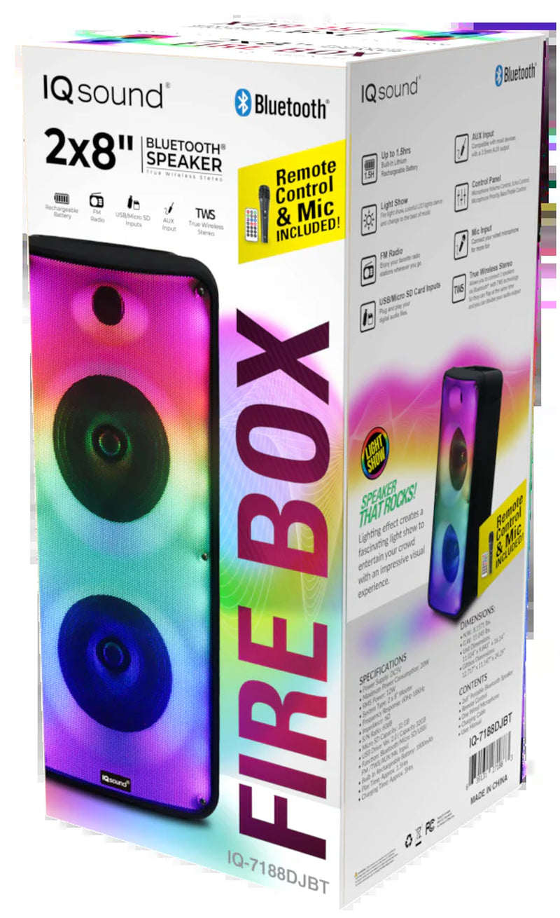Supersonic 2 X 8" Bluetooth Speaker FIRE BOX with FM Radio and Remote Control (IQ-7188DJBT)