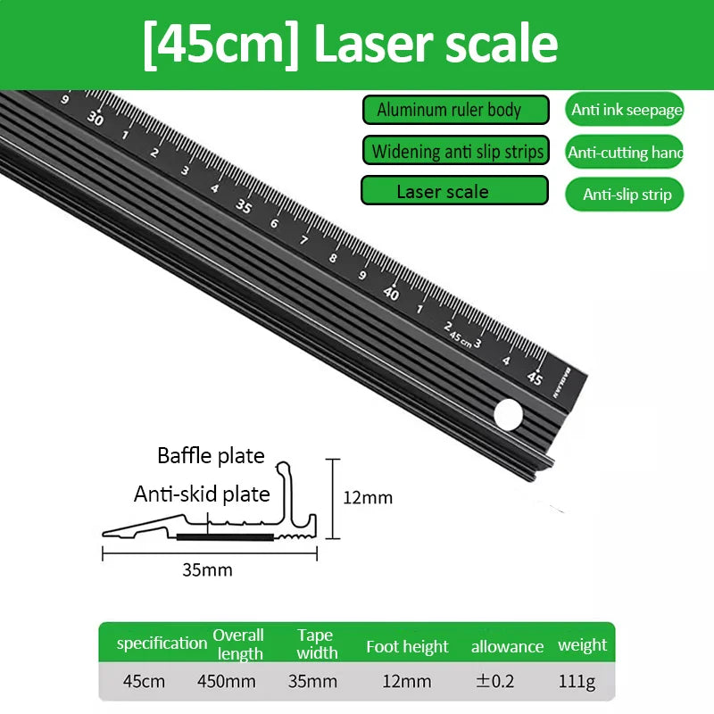 20/30/45Cm Multifunctional High Precision Aluminum Alloy Straight Ruler anti Cutting Hands Marking Ruler for Drawing Measuring