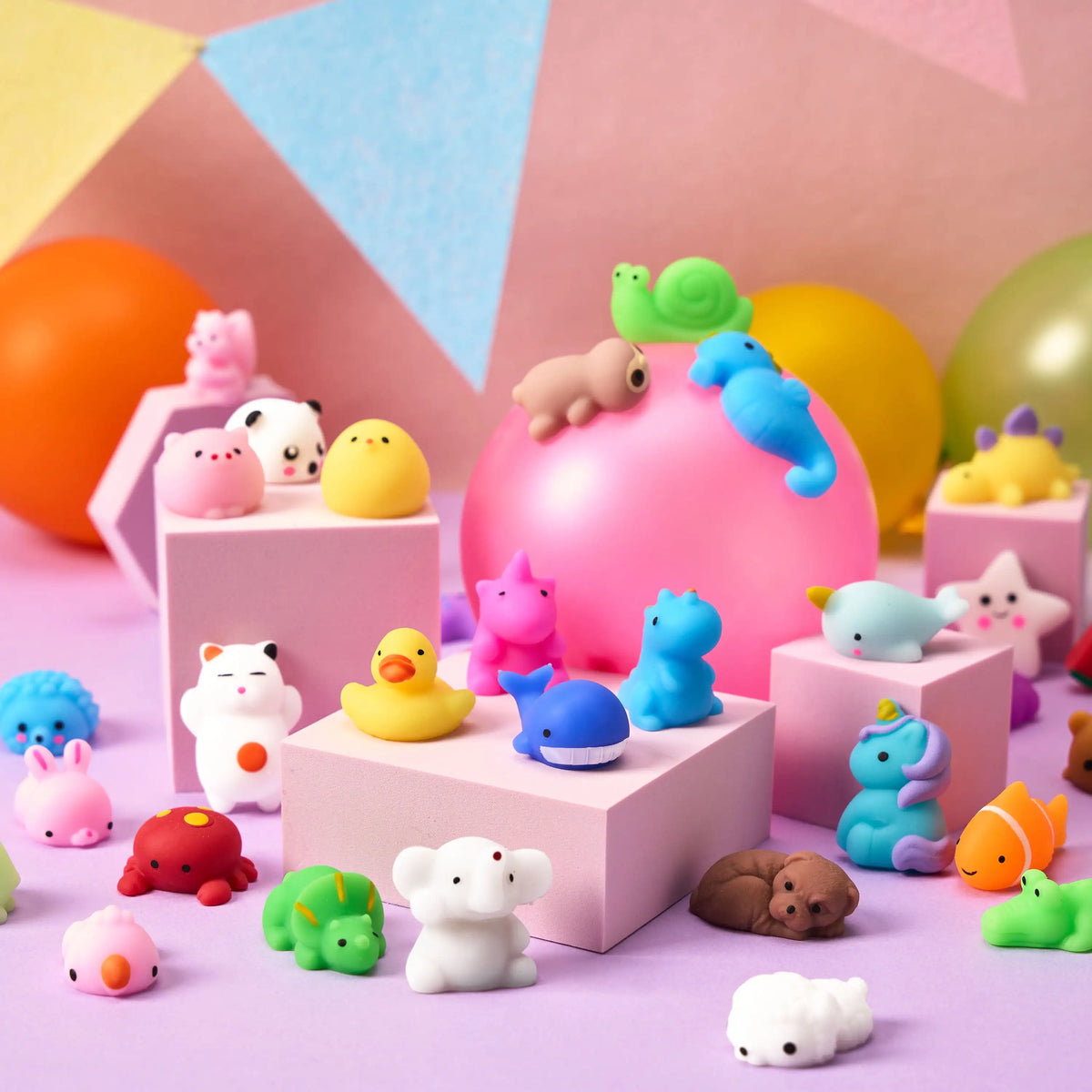 Joyfy 100-Piece Mini Animal and Fruit Mochi Squishies - Ideal Party Favors, Stress Relief, and Novelty Fidget Toys for Kids' Birthdays