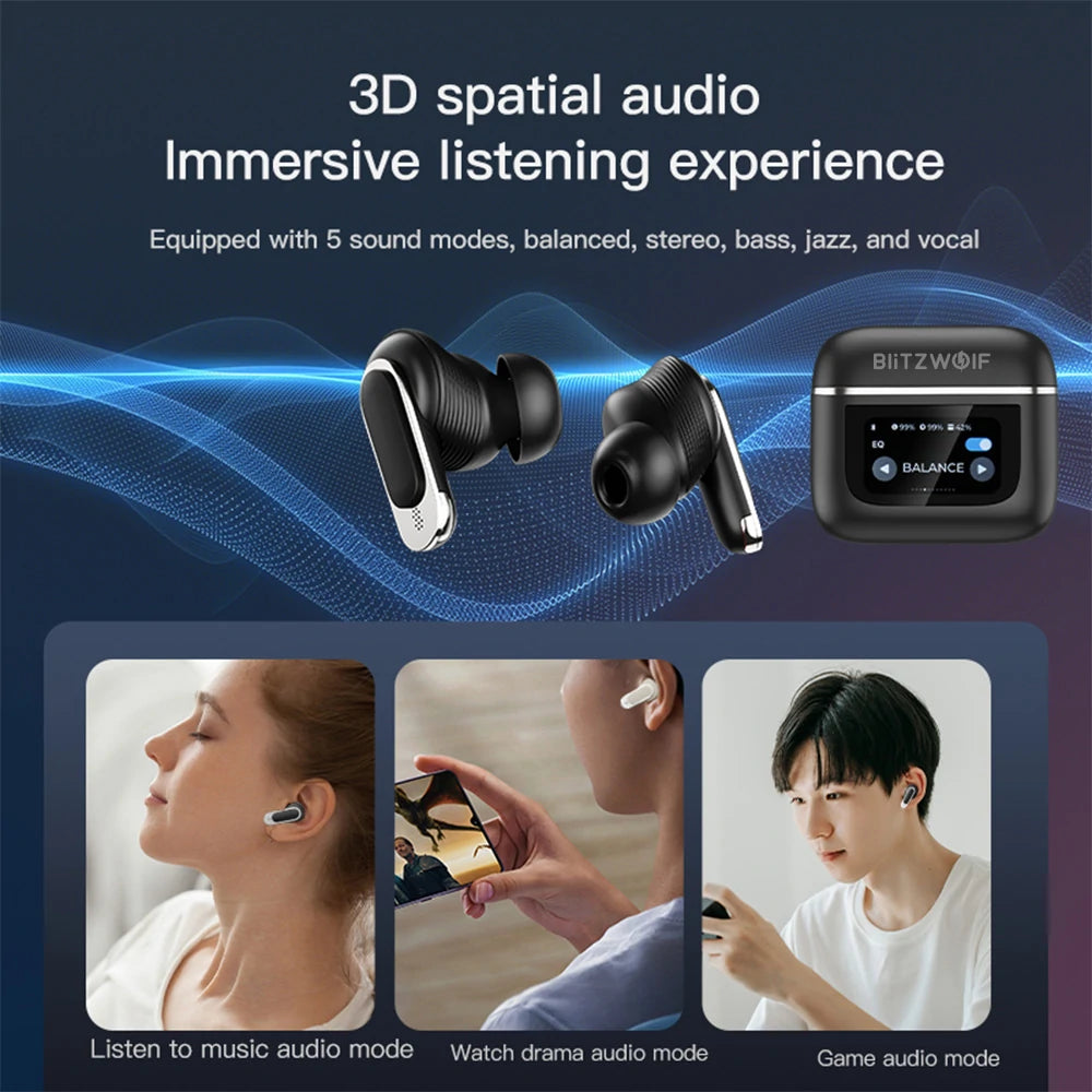 Blitzwolf BW-FYE16 LED Screen TWS Earbuds Bluetooth Earphone Colorful Touch Screen Active Noise Cancelling 32H Battery Life 3D Spatial Audio HD Calls IPX5 Waterproof Portable Headset