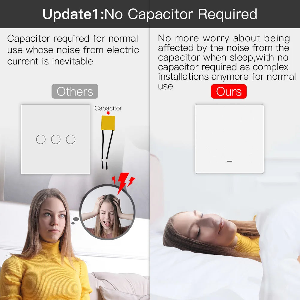 Smart Light Switch No Neutral Wire No Capacitor Needed Smart Life 2/3 Way Works with Alexa Google Home 2Mqtt