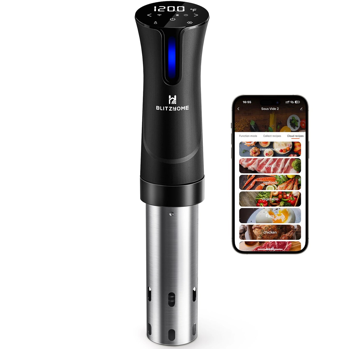 Blitzhome® SV2209 1100W Sous Vide Cooker APP Control Thermal Immersion Circulator Machine with Digital LED Display Time and Temperature Control