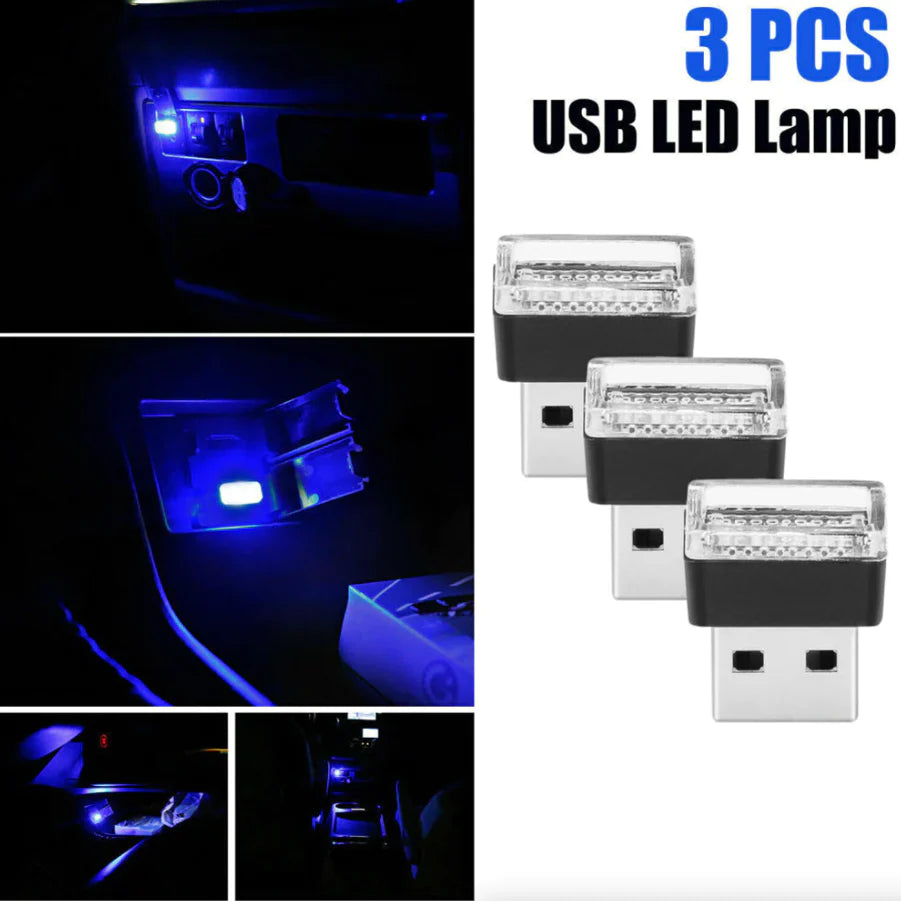 3X Mini Blue LED USB Car Interior Light Neon Atmosphere Ambient Lamp Accessories