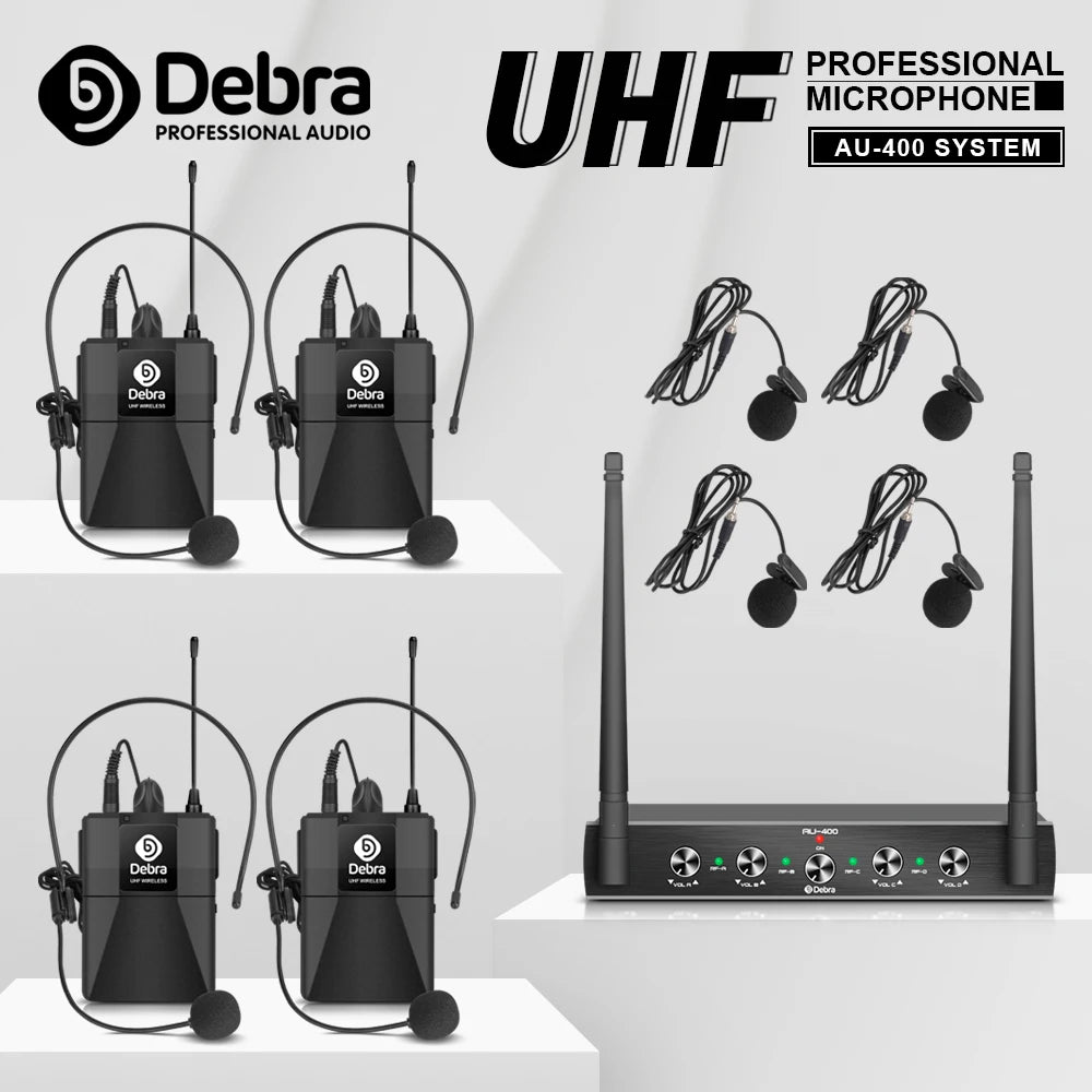 Pro UHF 4 Channels Wireless Microphone System with 4 Bodypack Lavalier Headset Portable Mic for Karaoke Church Party