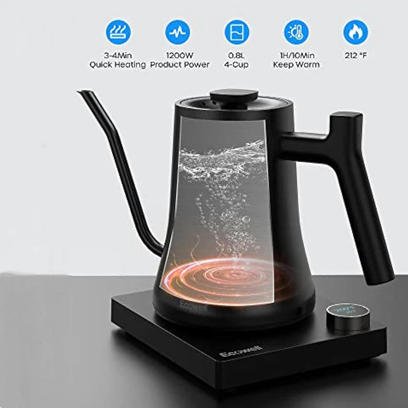 Gooseneck Electric Kettle, Gooseneck Kettle Electric Water Kettle Stainless Steel with Temperature Control, Pour over Kettle for Coffee and Tea, 1200W Quick Heating, 0.8L, Matte Black