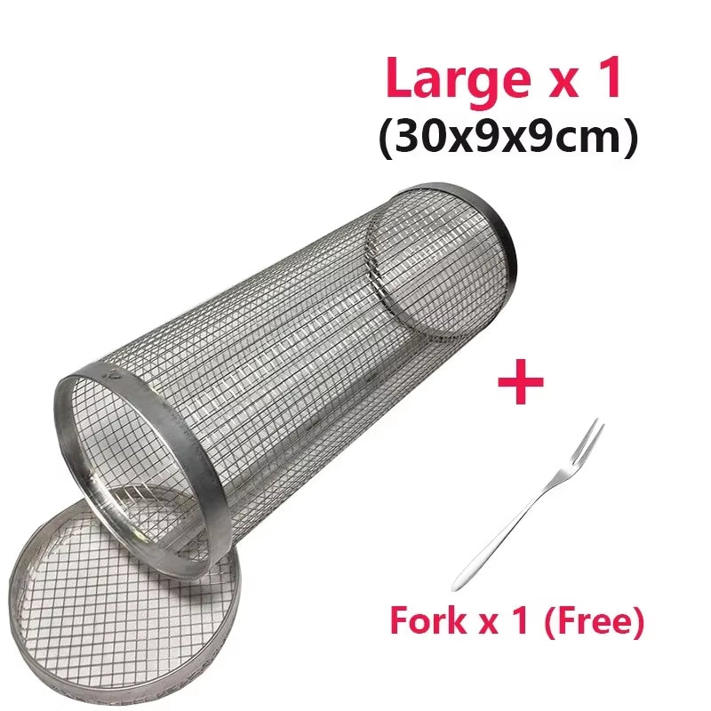 Rolling Bbq Basket- Greatest Grilling Basket Ever, round Stainless Steel Grill Mesh, Camping Barbecue Rack for Vegetables,Fish