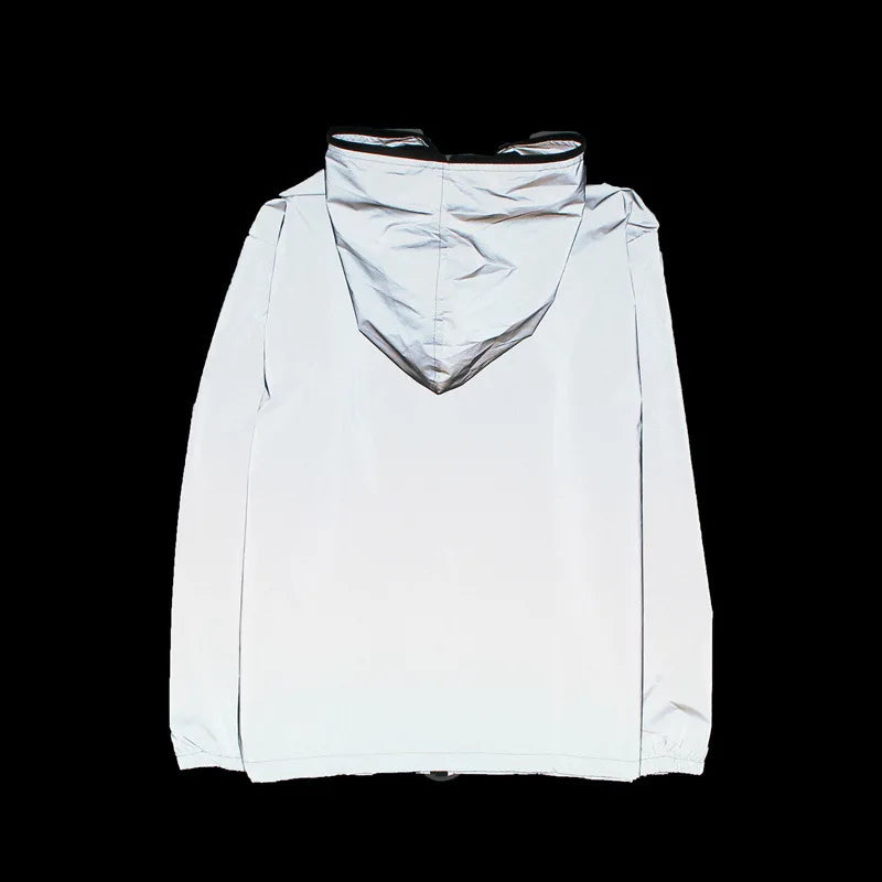 Thin Shiny Silver Reflective Jacket. Unisex Cycling Full-Reflective Hooded Jacket Coat, Windproof for Night Running. S-5XL