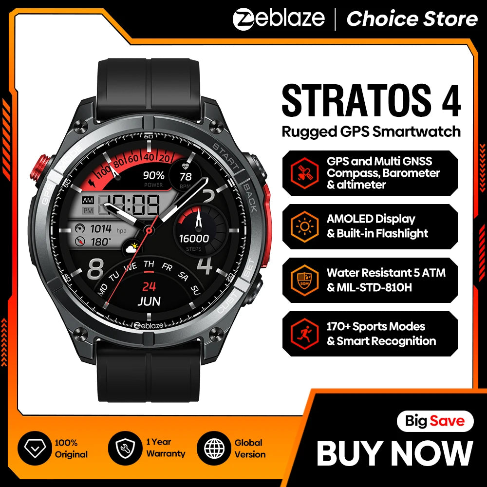NEW 2025 Stratos 4 GPS Smartwatch 1.43" AMOLED Screen Compass Barometric Altimeter Flashlight Voice Calling Smart Watch