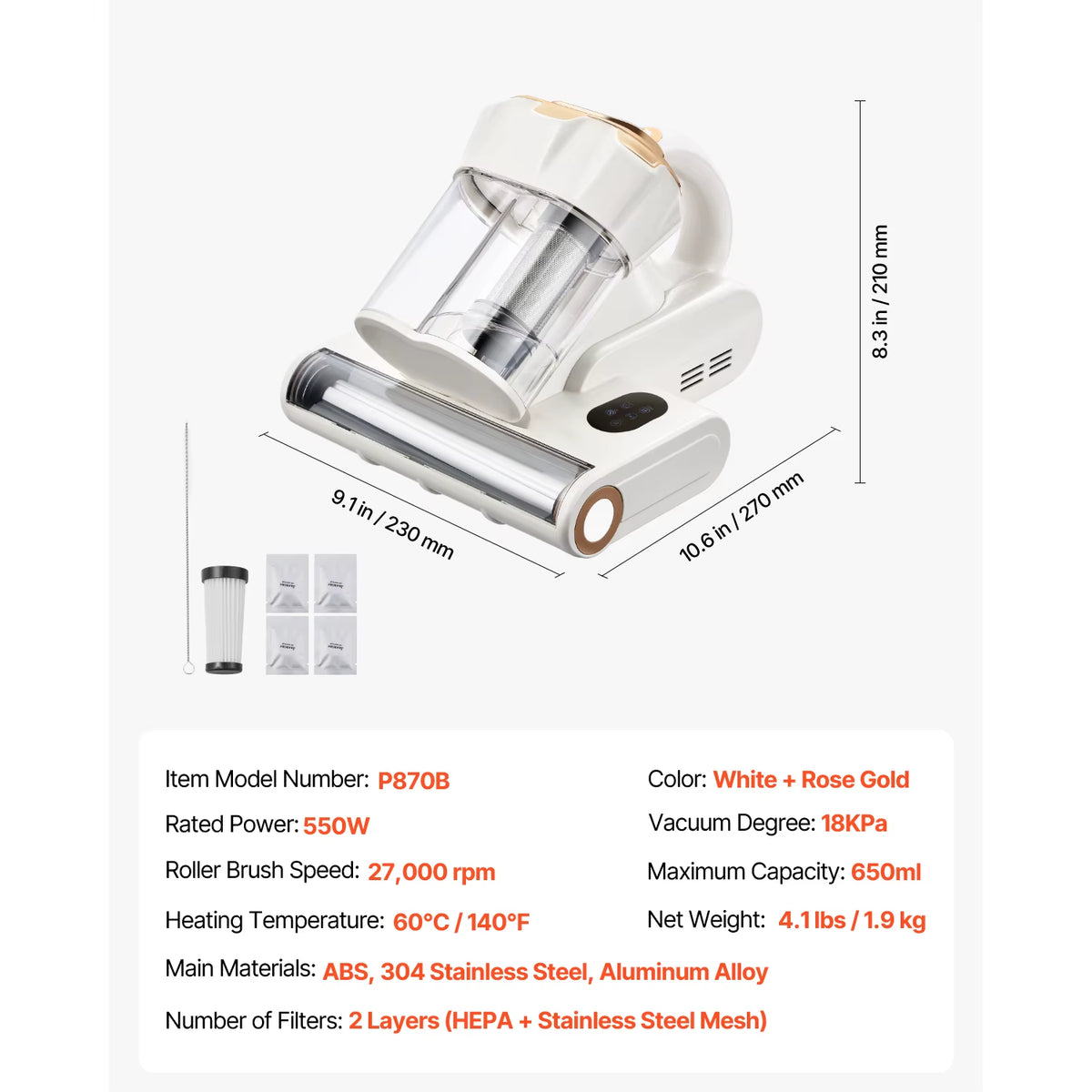 Succebuy Handheld Mattress Vacuum Cleaner with 18Kpa Suction Power, Dual Dust Bin, HEPA Filter, and Heating Ultrasound for Beds and Sofas