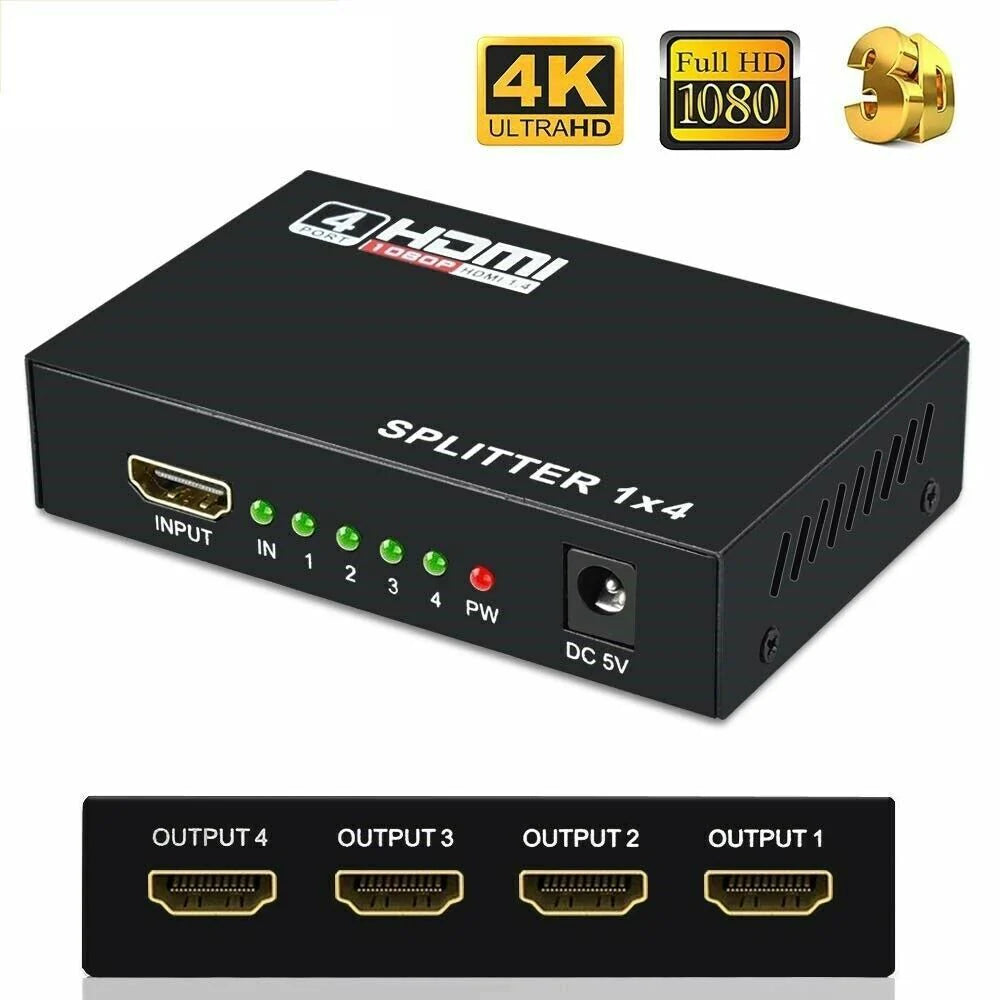 4 Port HDMI 4K Hub Multi Splitter & Amplifier for 3D HDTV 1080P 1X4 1 in 4 Out