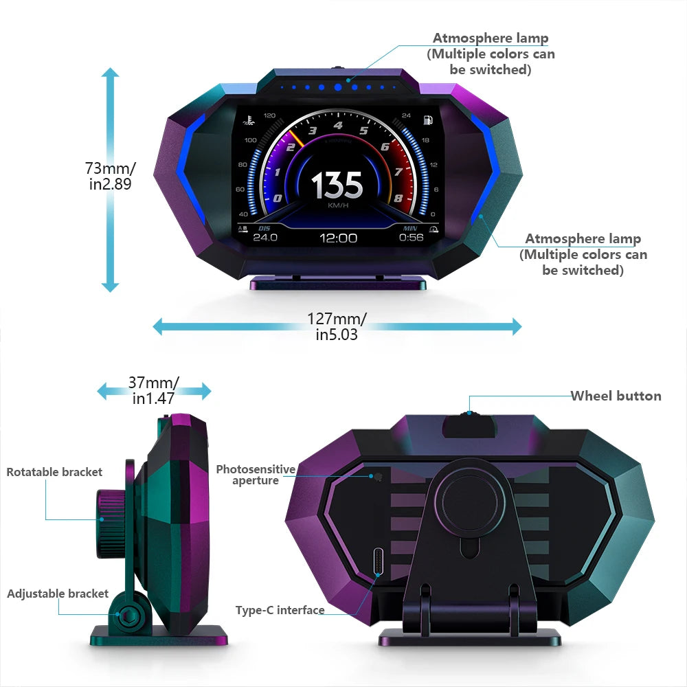 OBD + GPS HUD P24 Car OBD Head up Display HUD on Board Computer Digital Speedometer Water Temp Fuel Consumption Slope Meter