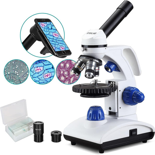Microscope 1000X for Students with LED Light, Slides, Phone Adapter, All-Metal Optical Glass Lenses